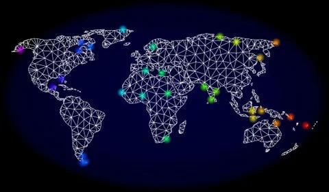 Polygonal 2D Mesh Map of World with Bright Spectrum Light Spots Stock-Illustration