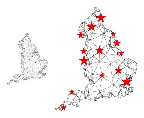 Polygonal 2D Mesh Vector England Map with Stars Stock Illustration