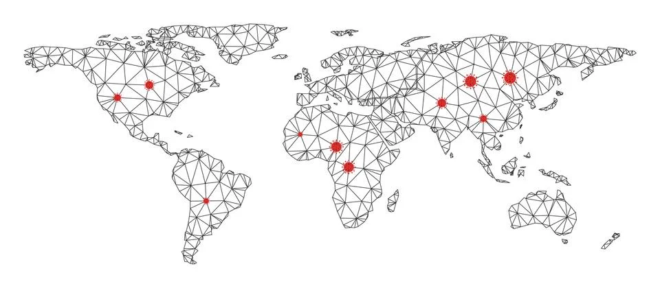 Polygonal 2D Mesh Vector Everywhere Map with Coronavirus Stock Illustration