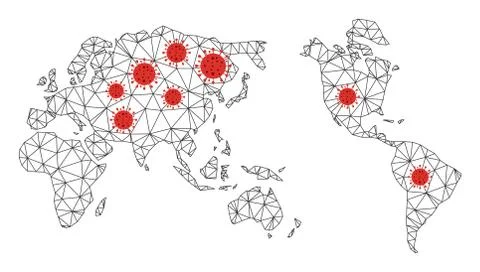 Polygonal 2D Mesh Vector Worldwide Map with Coronavirus イラスト素材