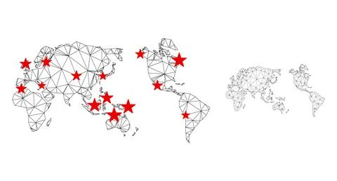 Polygonal 2D Mesh Vector Worldwide Map with Stars Illustrazione stock