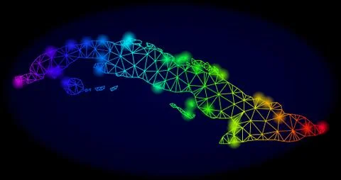 Polygonal 2D Rainbow Mesh Vector Map of Cuba with Bright Light Spots Stock Illustration