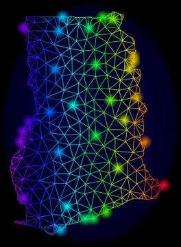 Polygonal 2D Rainbow Mesh Vector Map of Ghana with Color Light Spots 库存插图