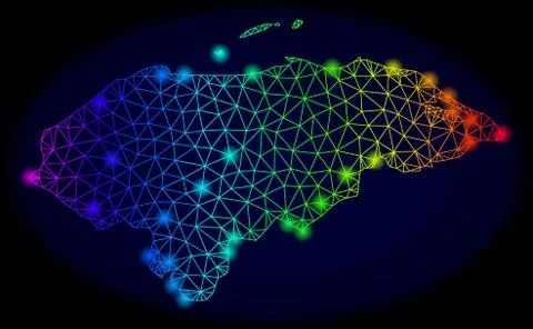 Polygonal 2D Rainbow Mesh Vector Map of Honduras with Bright Glowing Spots 库存插图