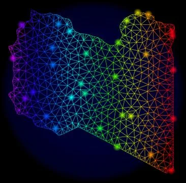 Polygonal 2D Rainbow Mesh Vector Map of Libya with Colorful Light Spots 库存插图