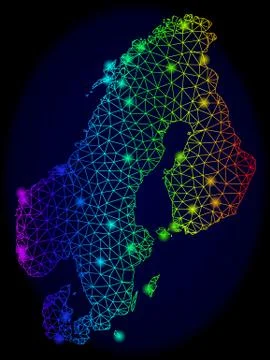 Polygonal 2D Rainbow Mesh Vector Map of Scandinavia with Bright Glow Spots Stock Illustration