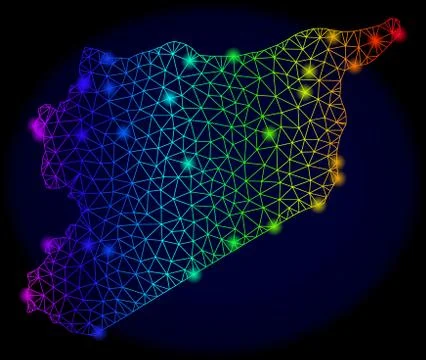 Polygonal 2D Rainbow Mesh Vector Map of Syria with Bright Glow Spots 库存插图