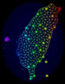 Polygonal 2D Rainbow Mesh Vector Map of Taiwan with Bright Glare Spots 库存插图