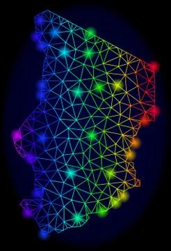 Polygonal 2D Spectrum Mesh Vector Map of Chad with Bright Light Spots 库存插图
