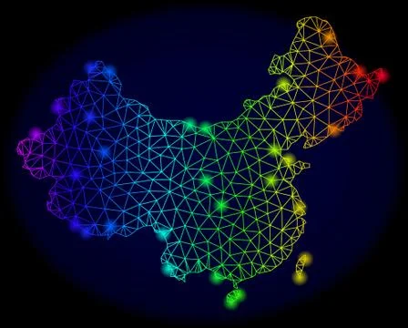 Polygonal 2D Spectrum Mesh Vector Map of China with Colorful Glowing Spots 库存插图