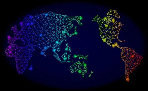 Polygonal 2D Spectrum Mesh Vector Map of Earth with Bright Glowing Spots 库存插图