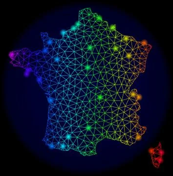 Polygonal 2D Spectrum Mesh Vector Map of France with Bright Glowing Spots 库存插图