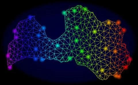 Polygonal 2D Spectrum Mesh Vector Map of Latvia with Colorful Glow Spots Stock Illustration