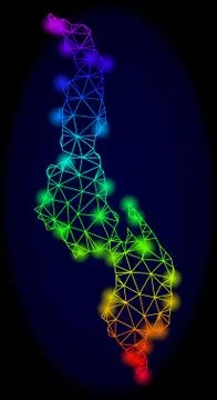 Polygonal 2D Spectrum Mesh Vector Map of Malawi with Color Glare Spots 库存插图