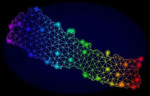 Polygonal 2D Spectrum Mesh Vector Map of Nepal with Bright Glowing Spots 库存插图