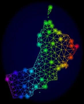 Polygonal 2D Spectrum Mesh Vector Map of Oman with Color Glow Spots 库存插图