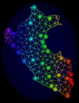 Polygonal 2D Spectrum Mesh Vector Map of Peru with Bright Glow Spots 库存插图