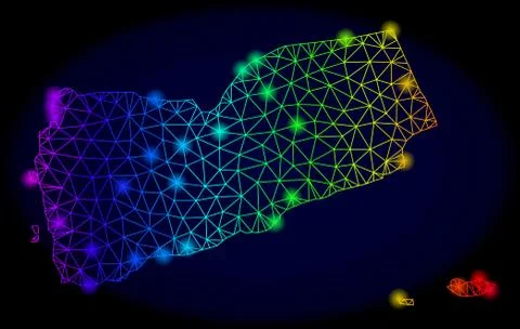 Polygonal 2D Spectrum Mesh Vector Map of Yemen with Color Light Spots 库存插图