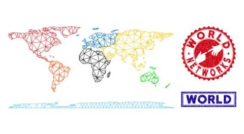 Polygonal 2D World Continent Map and Grunge Stamps Illustrazione stock