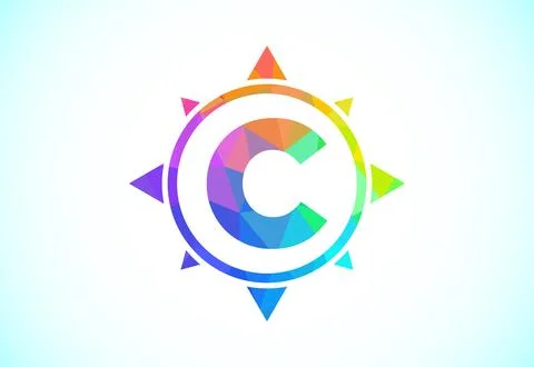 Polygonal alphabet C in a compass. Low poly style compass logo sign symbol... Stock Illustration