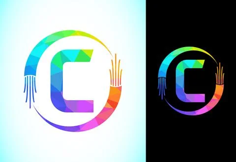 Polygonal alphabet C with electric wire, and optical fiber cable. Low poly .. Stock Illustration