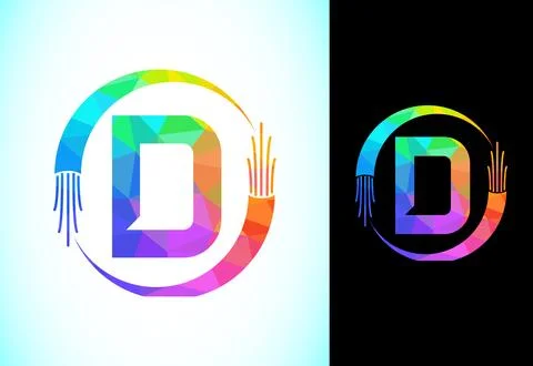 Polygonal alphabet D with electric wire, and optical fiber cable. Low poly .. Stock Illustration
