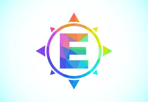 Polygonal alphabet E in a compass. Low poly style compass logo sign symbol... Stock Illustration