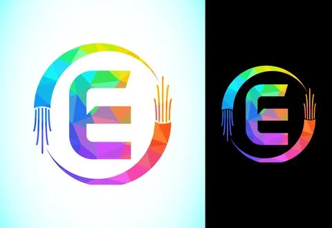 Polygonal alphabet E with electric wire, and optical fiber cable. Low poly .. Stock Illustration