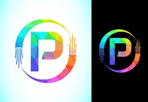 Polygonal alphabet P with electric wire, and optical fiber cable. Low poly .. Stock Illustration