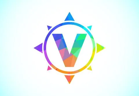 Polygonal alphabet V in a compass. Low poly style compass logo sign symbol... Stock Illustration