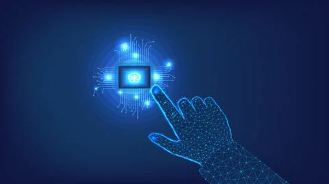 Polygonal Artificial intelligence. Chip, brain and hand from triangles Stock Illustration