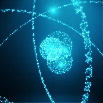 Polygonal Atom concept. Thin line concept. Blue shining cosmic 3d atom model Stock Illustration