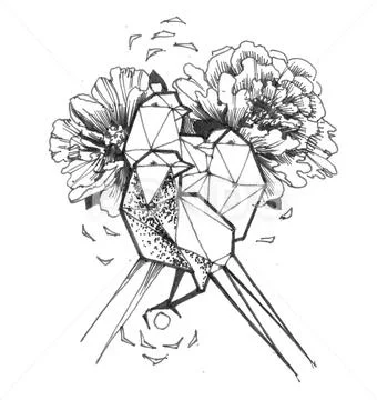 Polygonal birds with flowers Stock Illustration