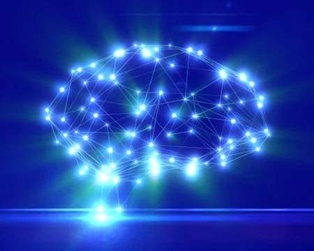 Polygonal brain shape with glowing lines and dots. Stock Illustration