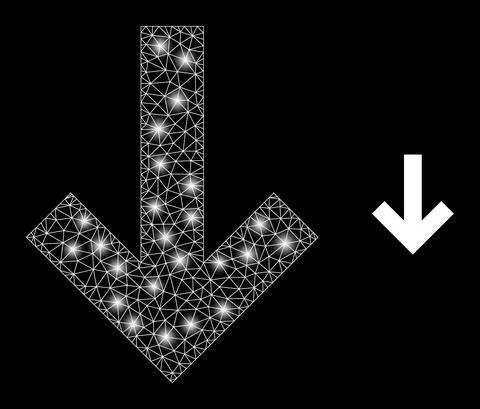 Polygonal Carcass Mesh Down Direction Arrow with Light Spots Stock Illustration