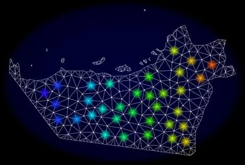 Polygonal Carcass Mesh Map of Abu Dhabi Emirate with Bright Light Spots Stock Illustration