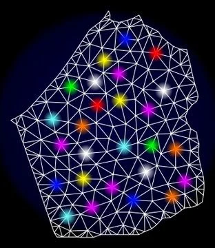 Polygonal Carcass Mesh Map of Dubai Emirate with Bright Light Spots Stock Illustration