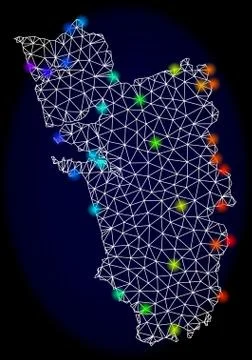 Polygonal Carcass Mesh Map of Goa State with Bright Spectrum Light Spots Stock Illustration