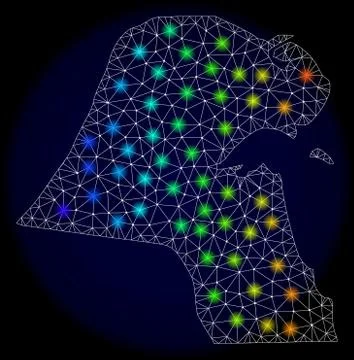 Polygonal Carcass Mesh Map of Kuwait with Colorful Light Spots Stock Illustration
