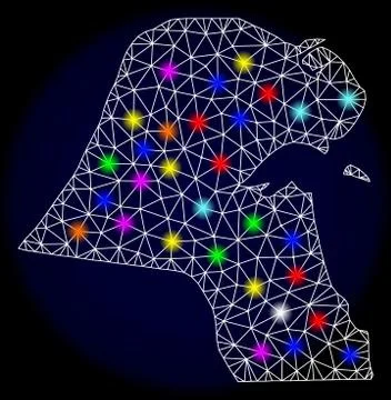 Polygonal Carcass Mesh Map of Kuwait with Bright Light Spots Stock Illustration