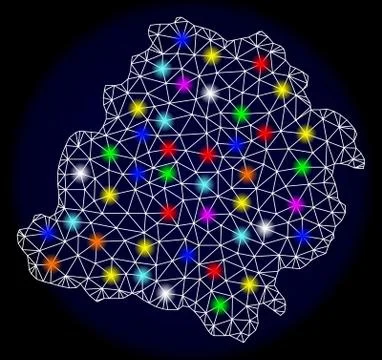 Polygonal Carcass Mesh Map of Lodz Province with Colorful Light Spots Stock-Illustration