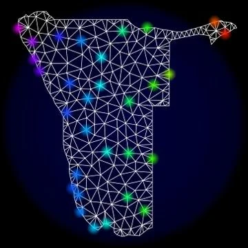 Polygonal Carcass Mesh Map of Namibia with Bright Spectrum Light Spots Stock Illustration