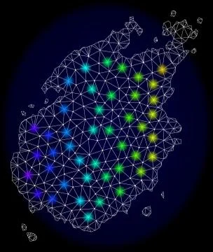 Polygonal Carcass Mesh Map of Paros Island with Colorful Light Spots Stock Illustration