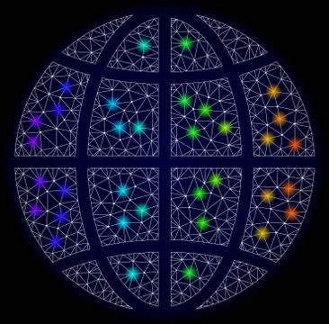 Polygonal Carcass Mesh Map of Planet Globe with Bright Light Spots Illustrazione stock