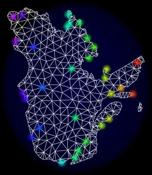 Polygonal Carcass Mesh Map of Quebec Province with Colorful Spectrum Light Spots Stock Illustration