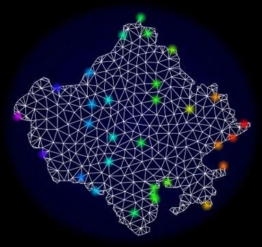Polygonal Carcass Mesh Map of Rajasthan State with Colorful Spectrum Light Spots Stock Illustration