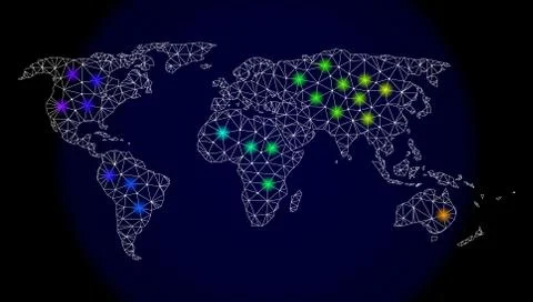 Polygonal Carcass Mesh Map of World with Bright Light Spots Stock-Illustration