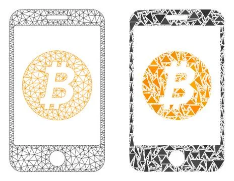Polygonal Carcass Mesh Mobile Bitcoin Bank and Mosaic Icon 스톡 일러스트