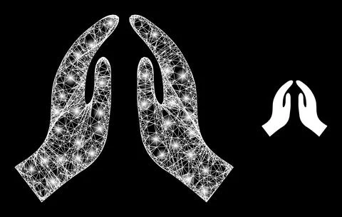 Polygonal Carcass Mesh Pray Hands with Lightspots Illustrazione stock