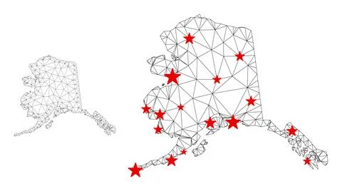 Polygonal Carcass Mesh Vector Alaska Map with Stars Illustrazione stock
